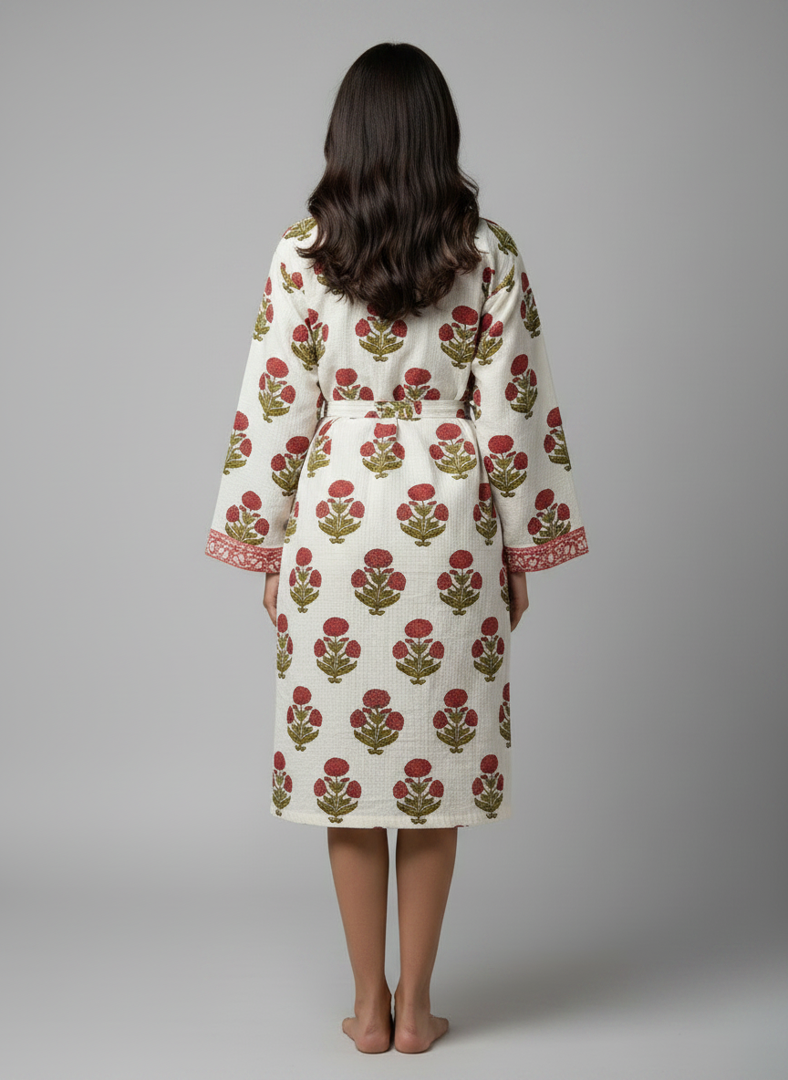 Women's Handblock Waffle Cotton Bathrobe — Red Floral Print