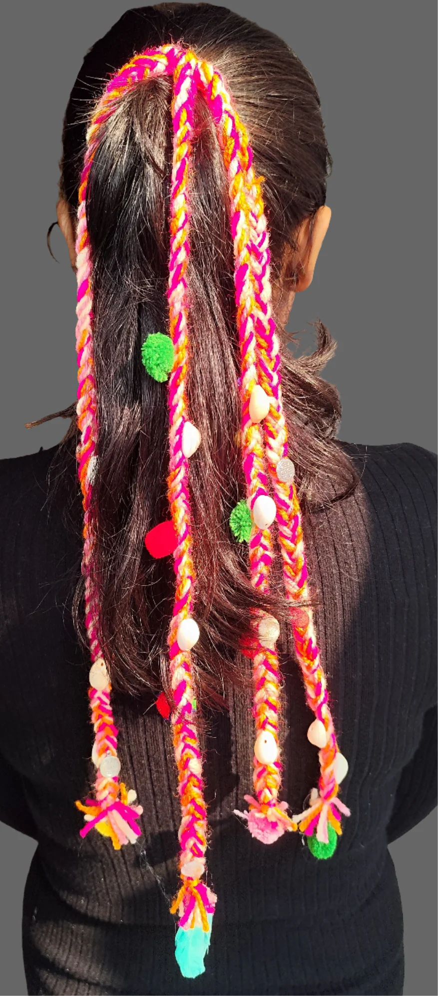 Woolen Boho banjara parandi braid with chymes and colourful pompoms