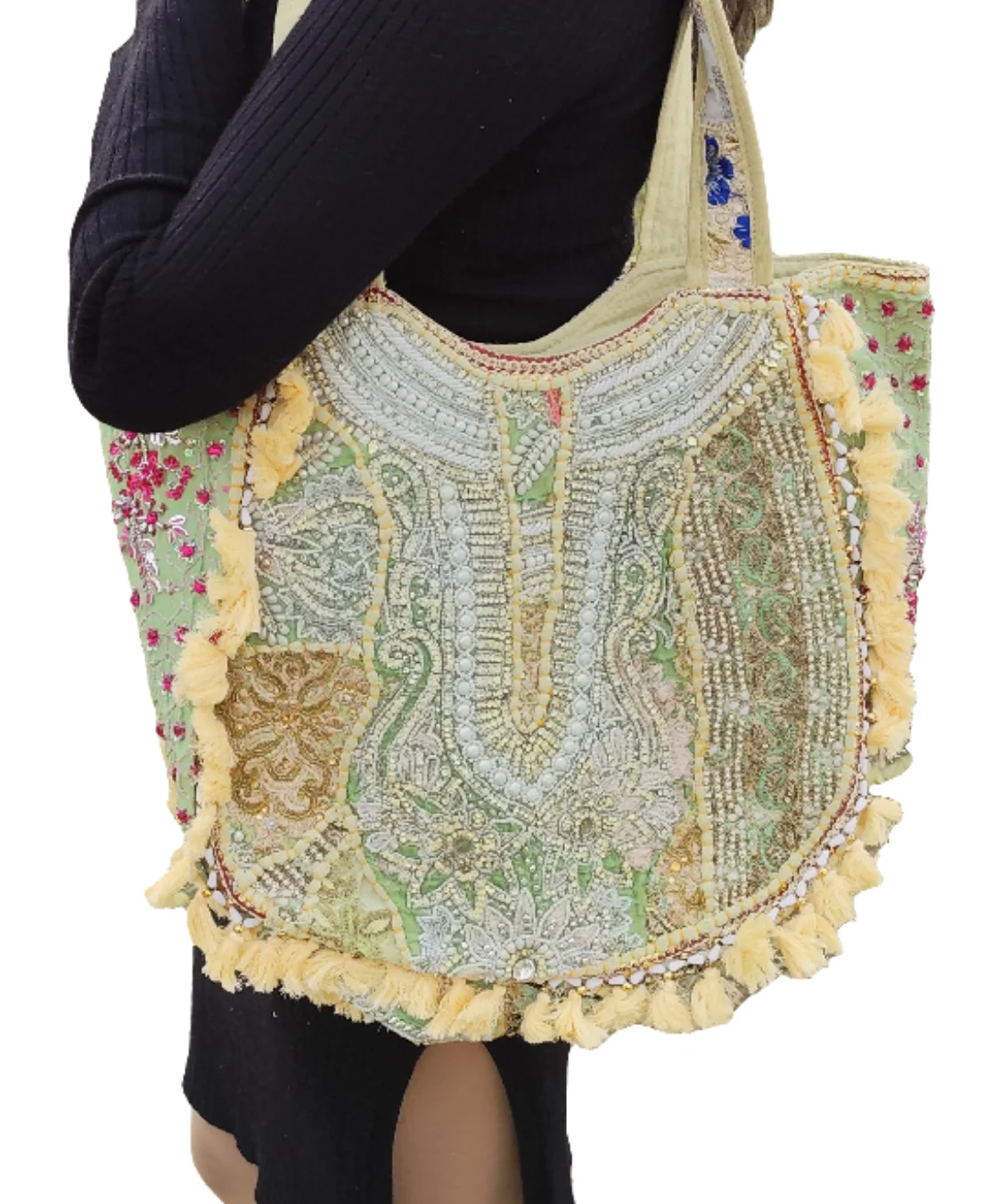 Lemon yellow boho banjara tote bag with tassel and patch work