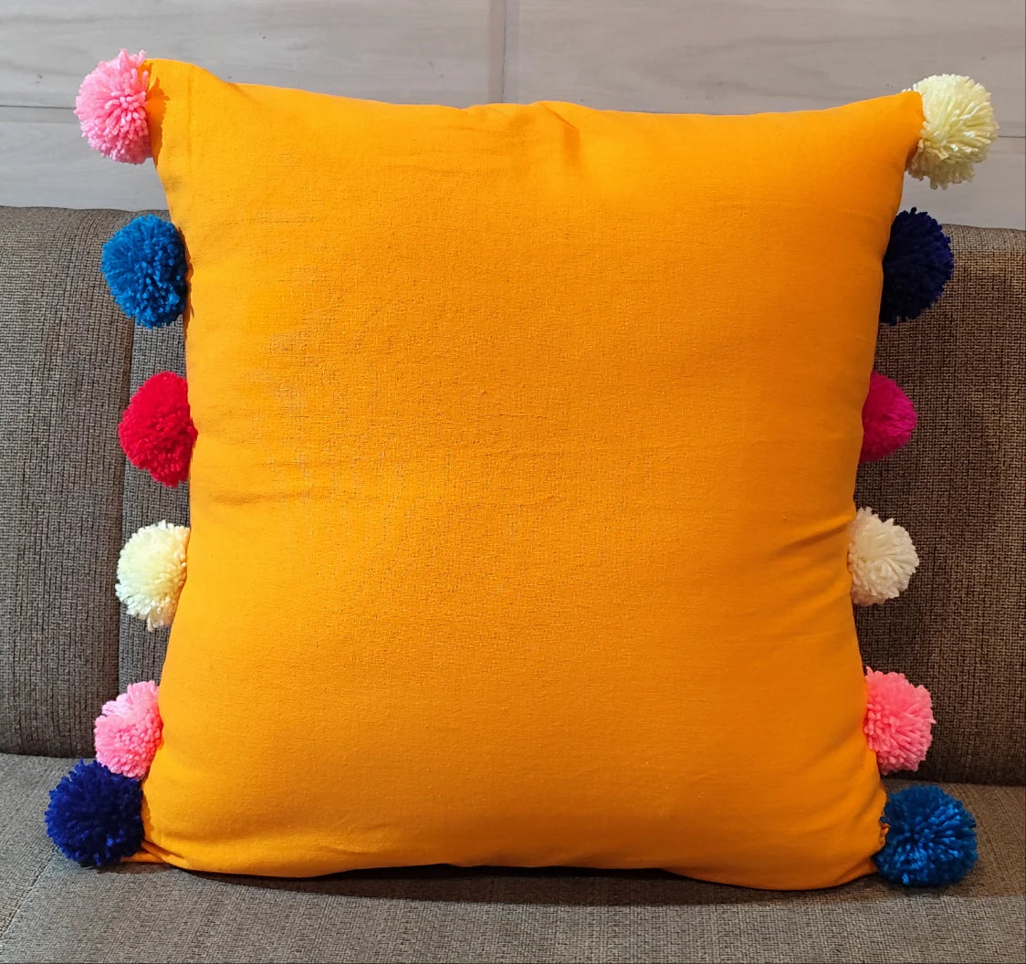 Khaddi cotton cushion cover with colourful Pompom