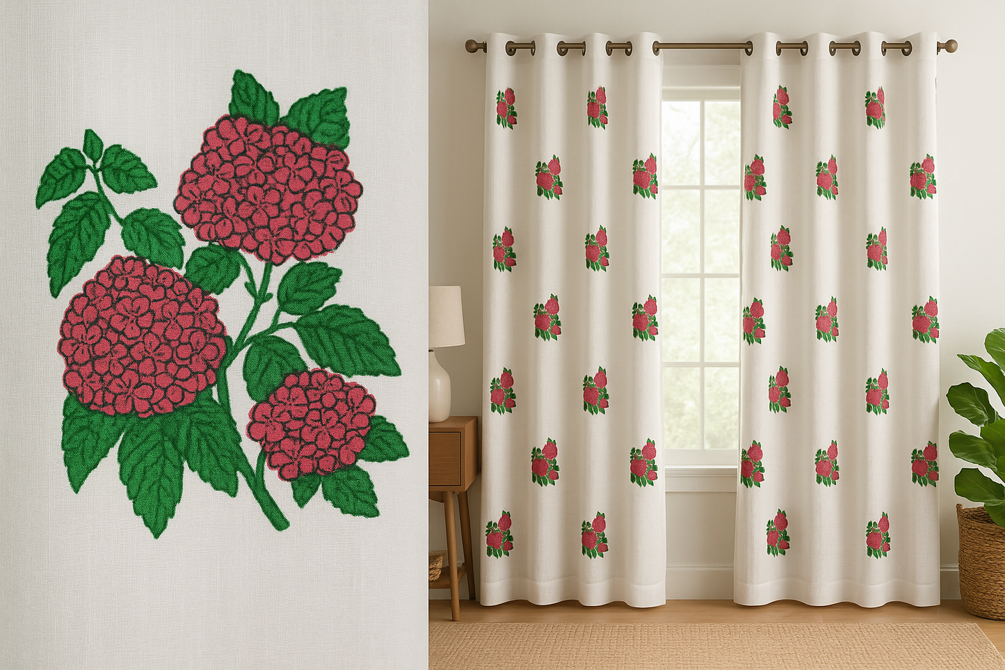 Handblock hydrangea floral curtains