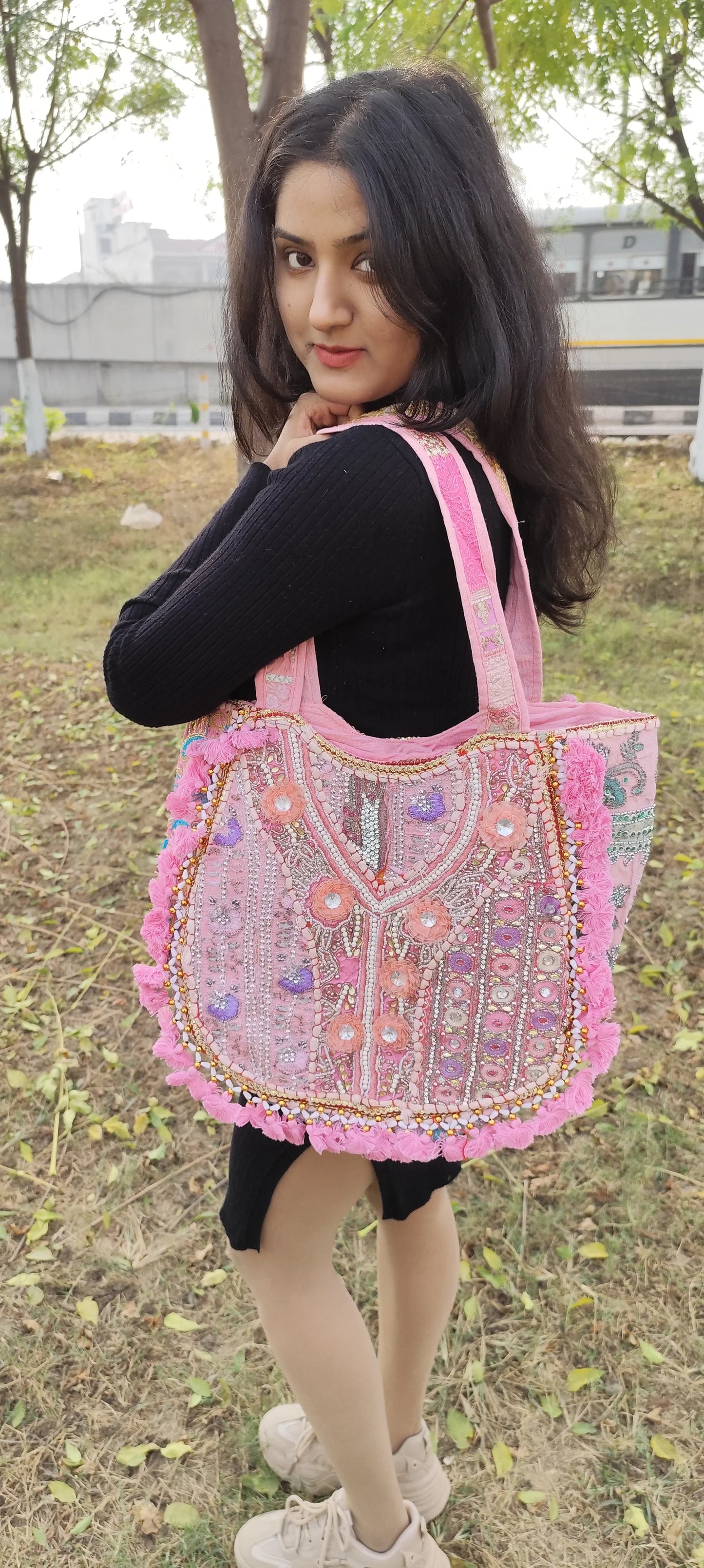 Pink boho banjara tote bag with tassel and patch work