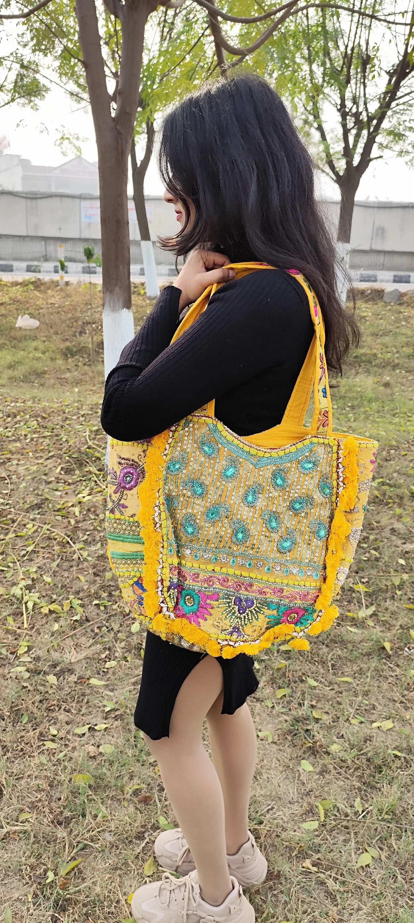 Yellow Tote bag with tassels and patch work