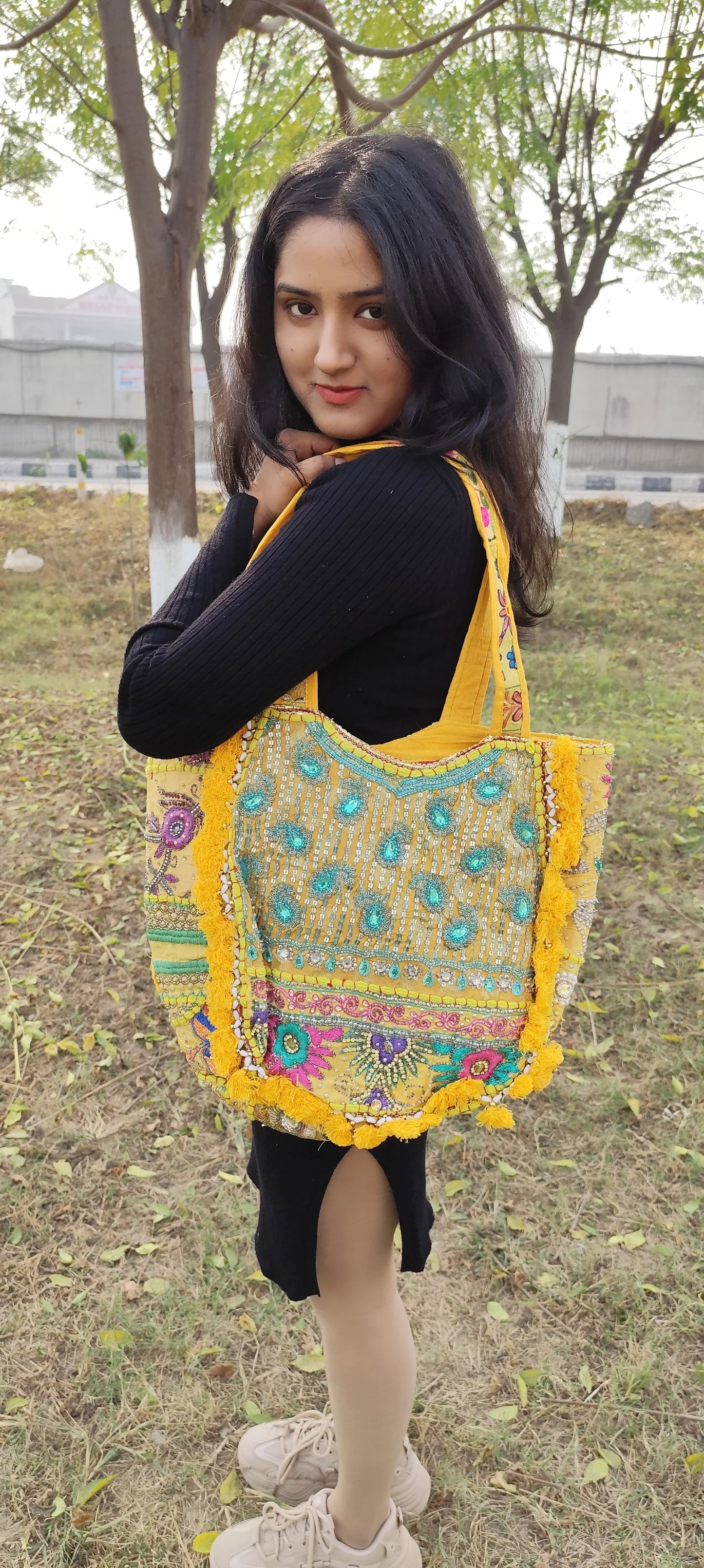 Yellow Tote bag with tassels and patch work