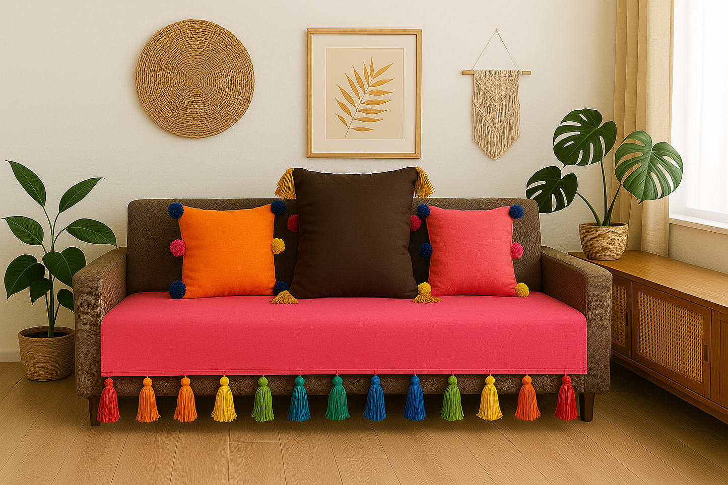 Carrot pink sofa cover with jumbo rainbow tassels