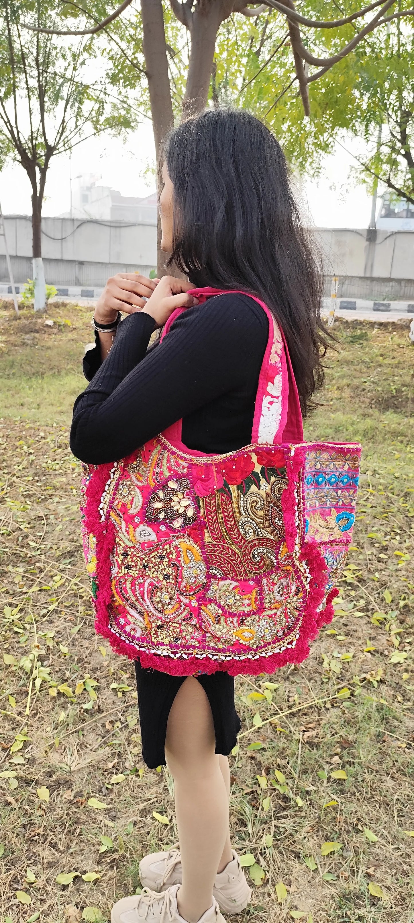 Mergentta boho banjara tote bag with tassel and patch work