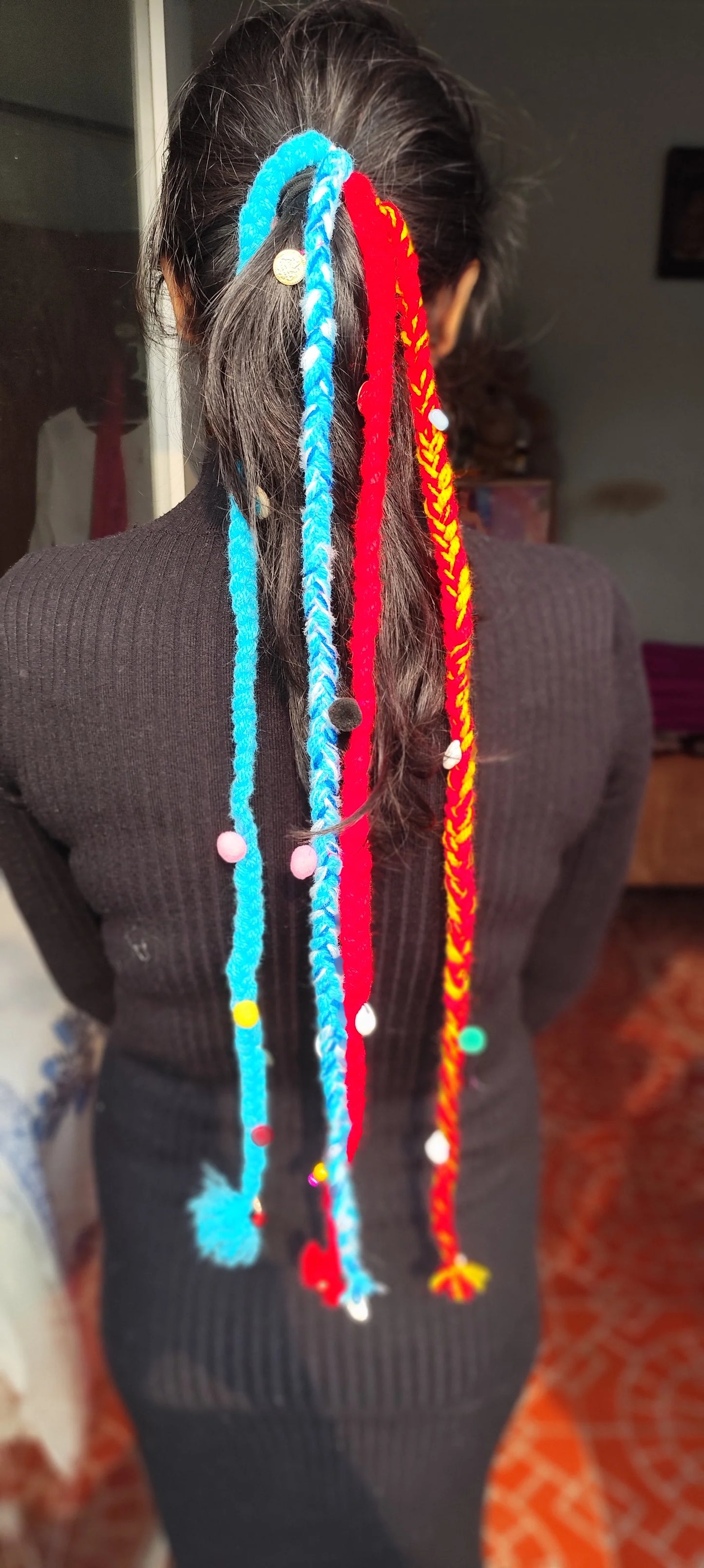 Red blue boho banjara parandi braid with chymes and kaudi
