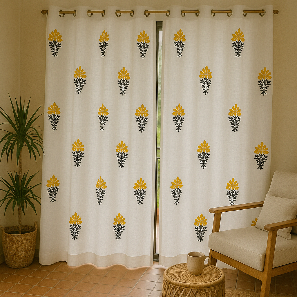 Floral Yellow handblock curtain