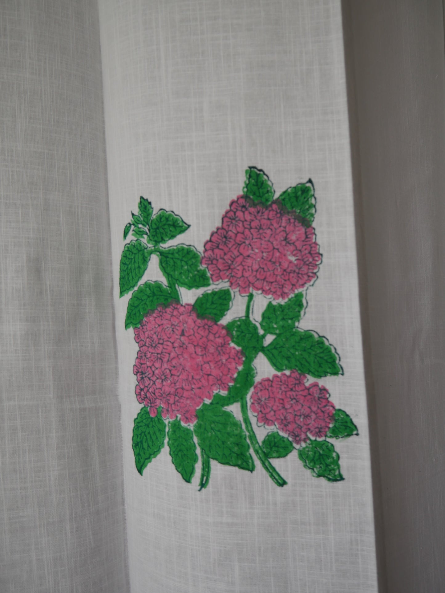 Handblock hydrangea floral curtains