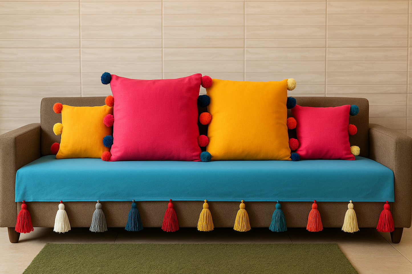 Turquoise anti slip sofa cover with jumbo rainbow tassels