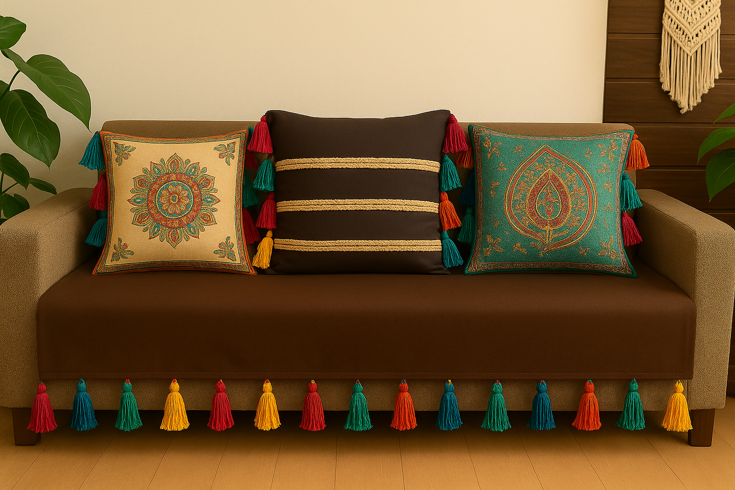 Coffee brown sofa cover with rainbow tassels