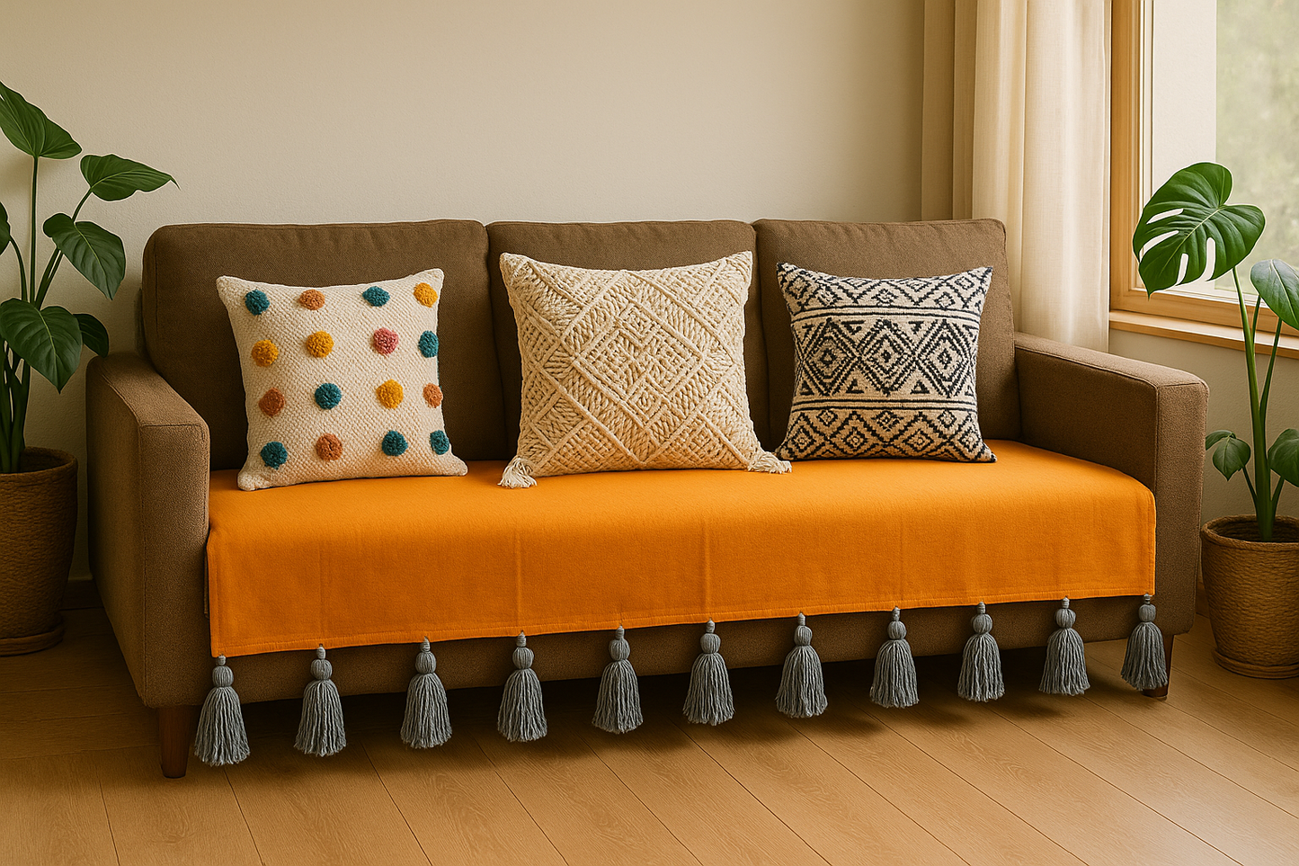 Mustard yellow sofa cover with grey jumbo tassels