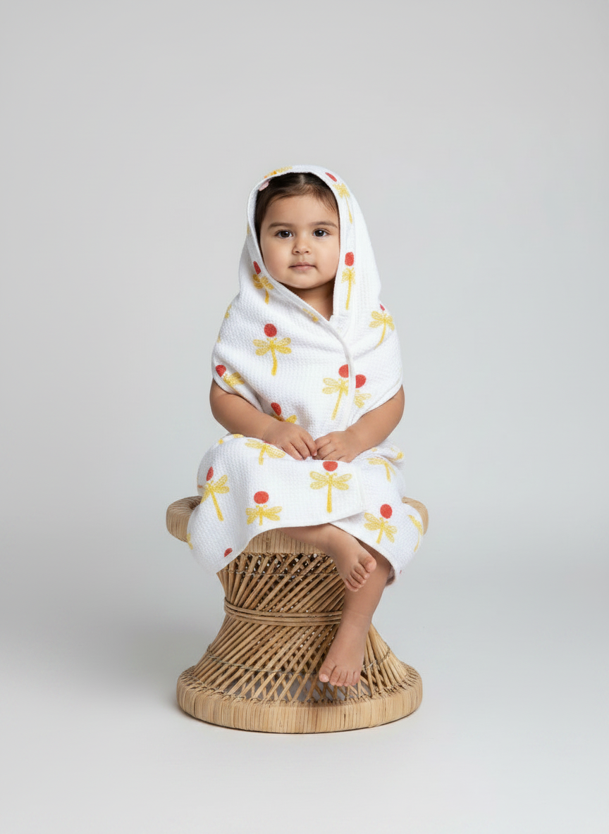 Kids Handblock Waffle Cotton Bath Towel — Mustard Floral