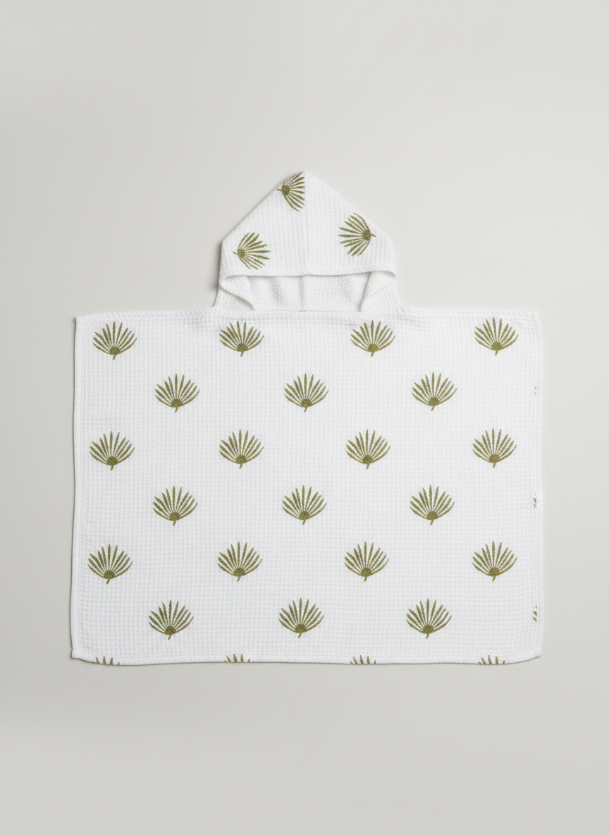 Kids Handblock Waffle Cotton Bath Towel — Olive Palm Leaf Print