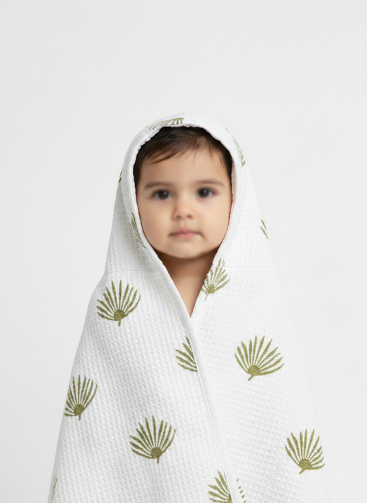 Kids Handblock Waffle Cotton Bath Towel — Olive Palm Leaf Print
