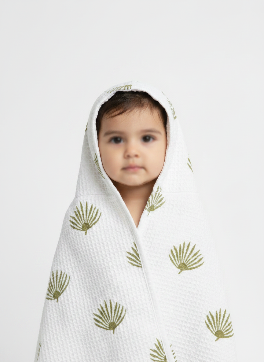 Kids Handblock Waffle Cotton Bath Towel — Olive Palm Leaf Print