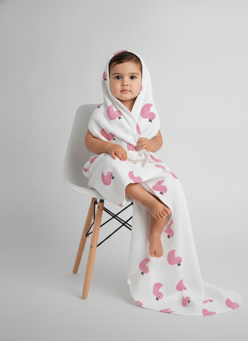 Kids Handblock Waffle Cotton Bath Towel — Pink Bird Print