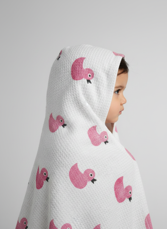 Kids Handblock Waffle Cotton Bath Towel — Pink Bird Print