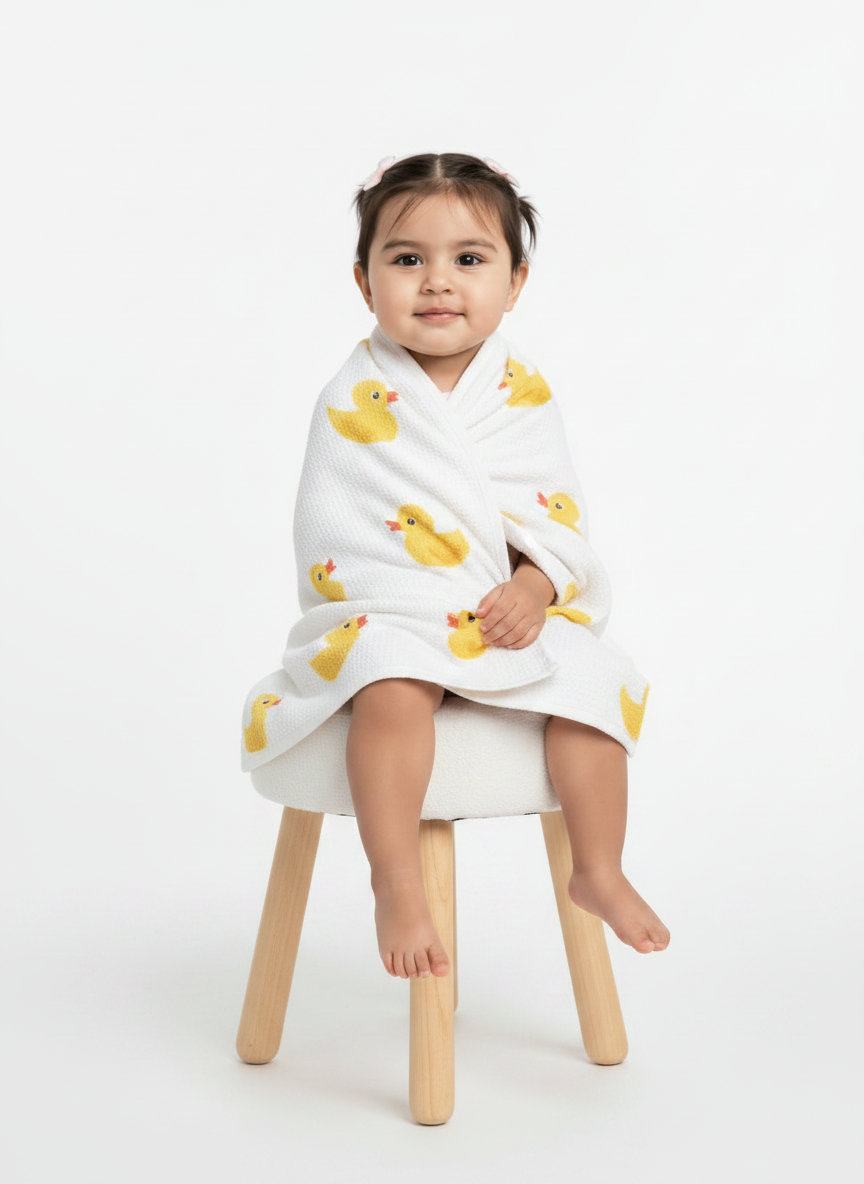 Kids Handblock Waffle Cotton Bath Towel — Yellow Duck Print