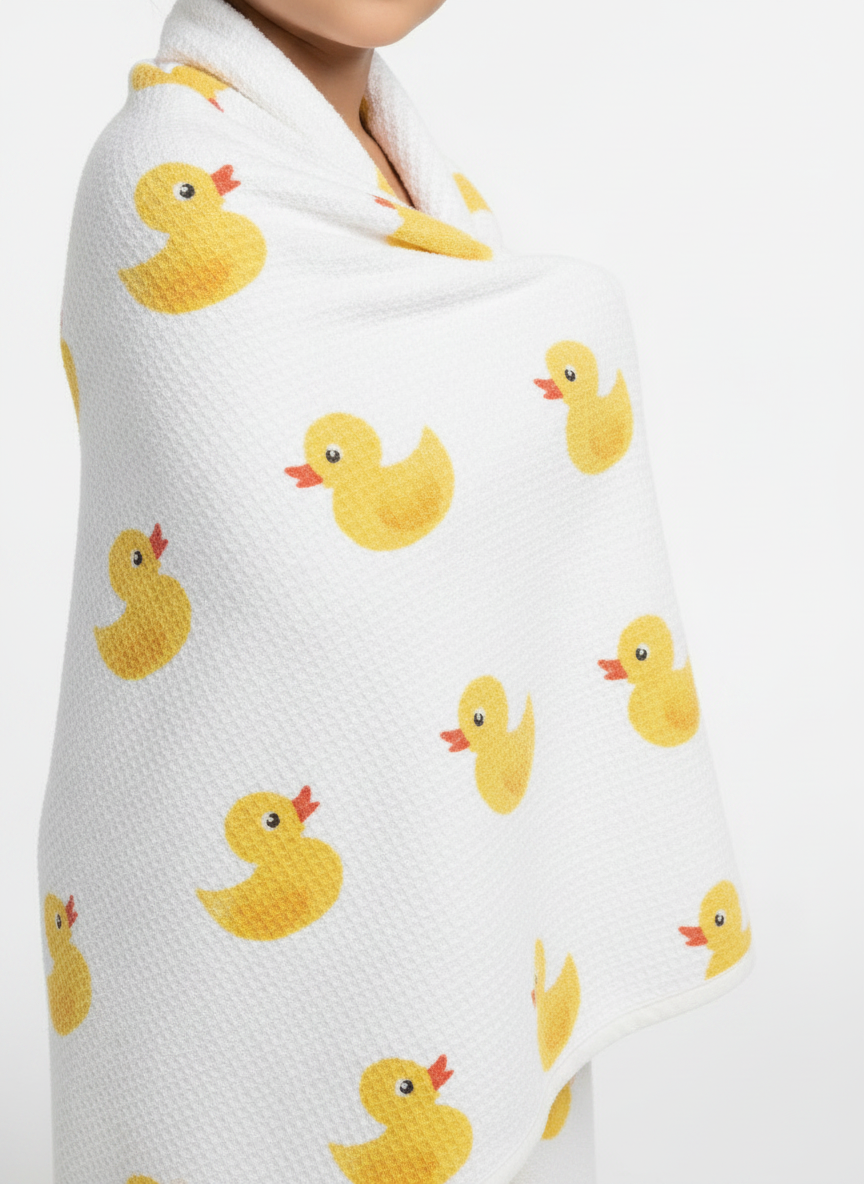 Kids Handblock Waffle Cotton Bath Towel — Yellow Duck Print