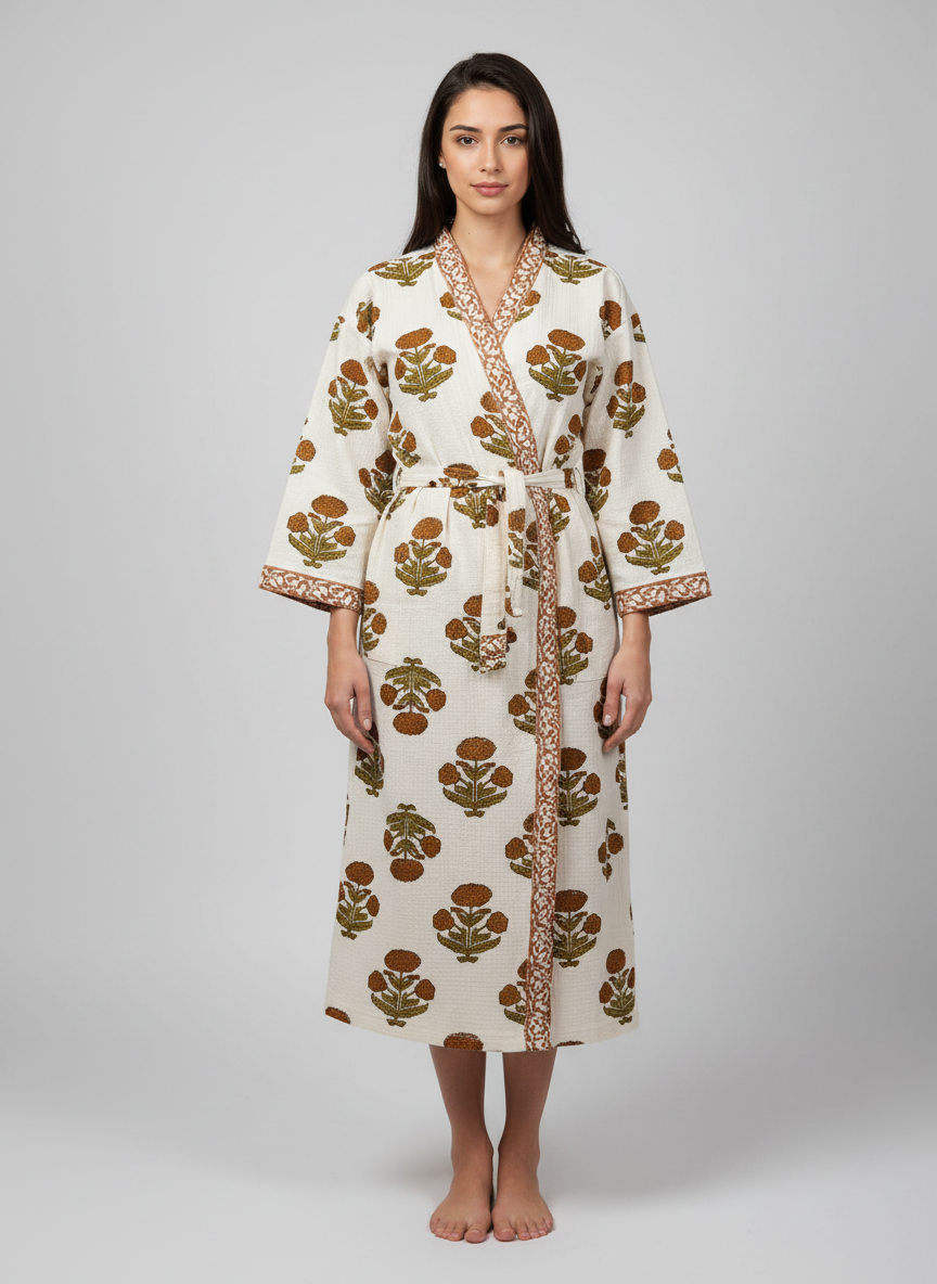 Women's Handblock Waffle Cotton Bathrobe — Mustard Marigold Print