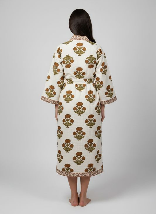 Women's Handblock Waffle Cotton Bathrobe — Mustard Marigold Print