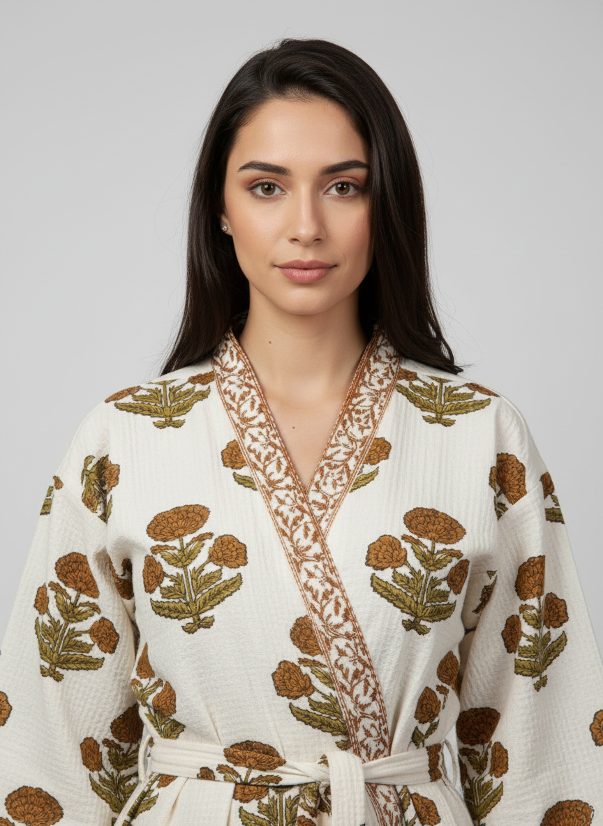 Women's Handblock Waffle Cotton Bathrobe — Mustard Marigold Print