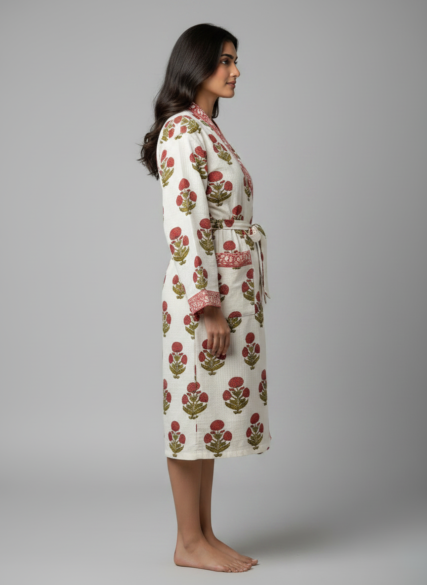 Women's Handblock Waffle Cotton Bathrobe — Red Floral Print