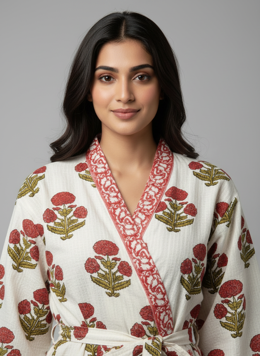 Women's Handblock Waffle Cotton Bathrobe — Red Floral Print