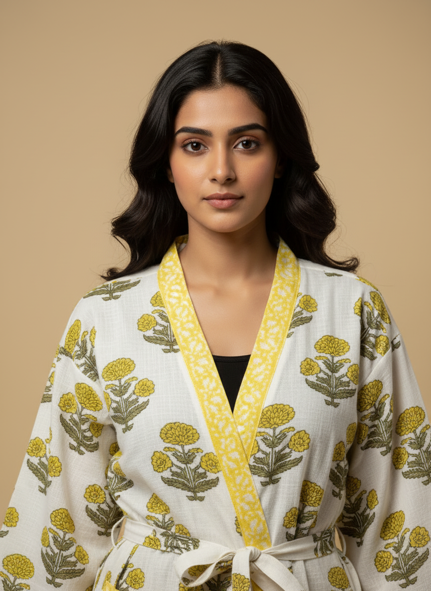 Women's Handblock Waffle Cotton Bathrobe — Yellow Marigold Print