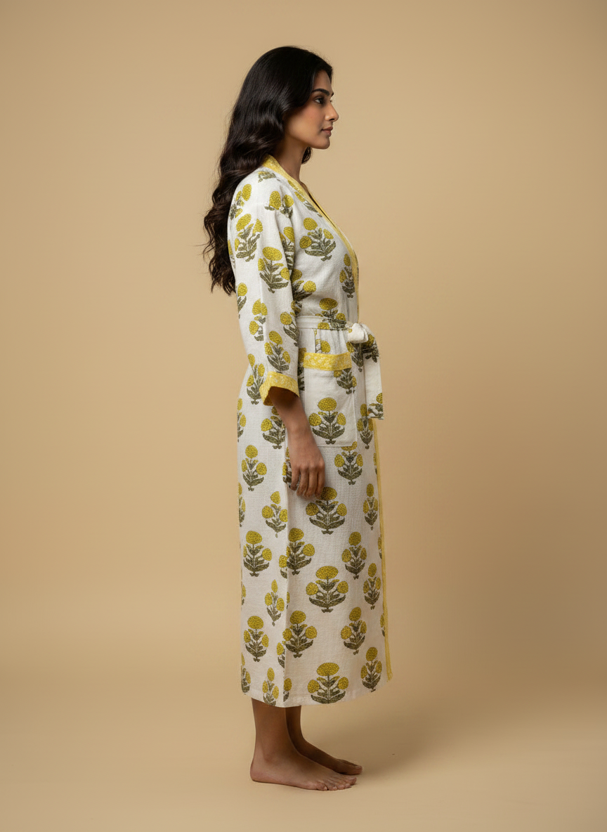 Women's Handblock Waffle Cotton Bathrobe — Yellow Marigold Print
