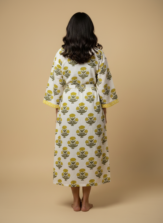 Women's Handblock Waffle Cotton Bathrobe — Yellow Marigold Print