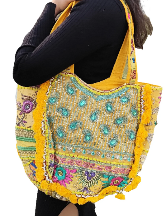 Yellow Tote bag with tassels and patch work