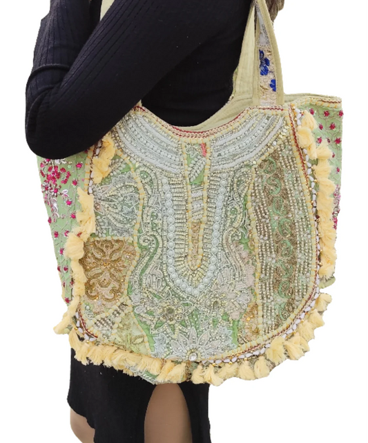 Lemon yellow boho banjara tote bag with tassel and patch work