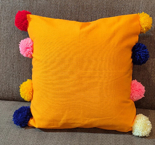 Khaddi cotton cushion cover with colourful Pompom