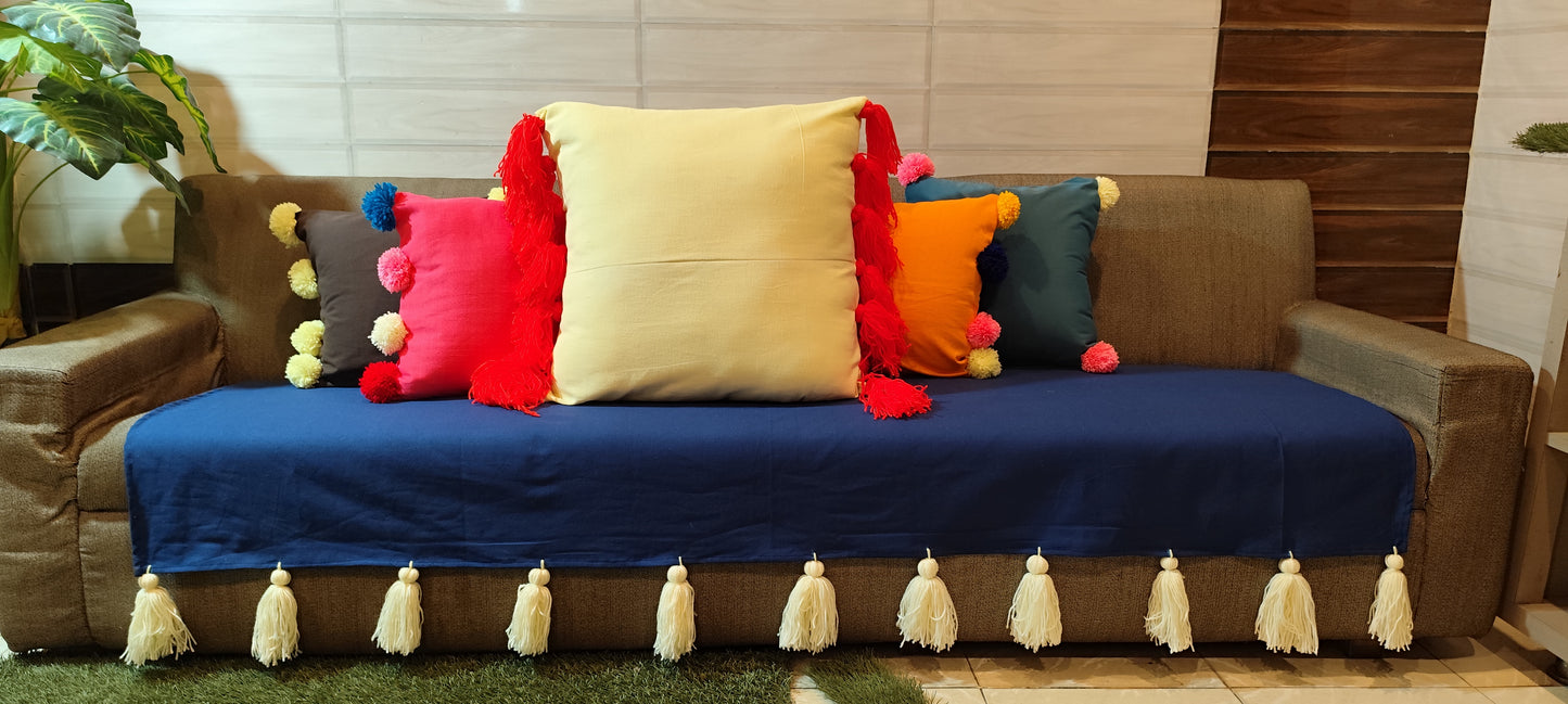 Royal Blue sofa cover with jumbo white tassels