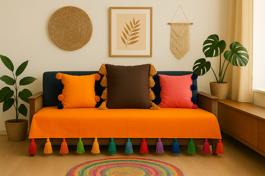 Mustard yellow sofa cover with jumbo rainbow tassel