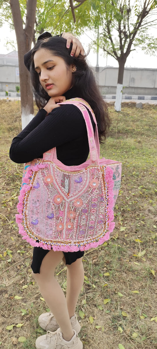 Pink boho banjara tote bag with tassel and patch work