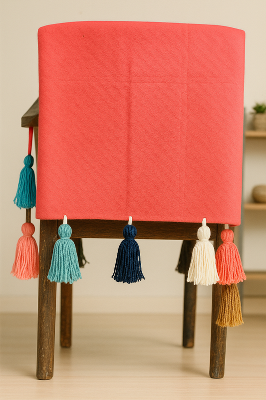 Pink chair cover with colourful tassel