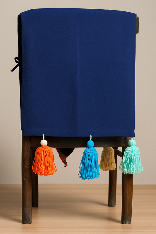 Navy blue chair cover with colourful tassel