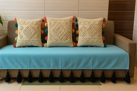 Antislip turquoise sofa cover with black  jumbo tassels
