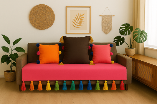 Carrot pink sofa cover with jumbo rainbow tassels