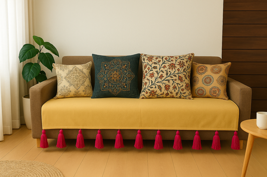 Dark beige sofa cover with mergentta jumbo tassels