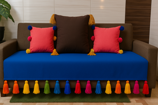 Royal Blue sofa cover with jumbo rainbow tassel
