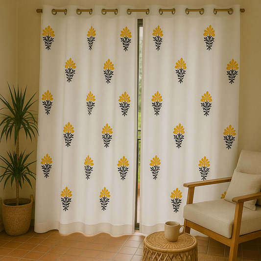 Floral Yellow handblock curtain