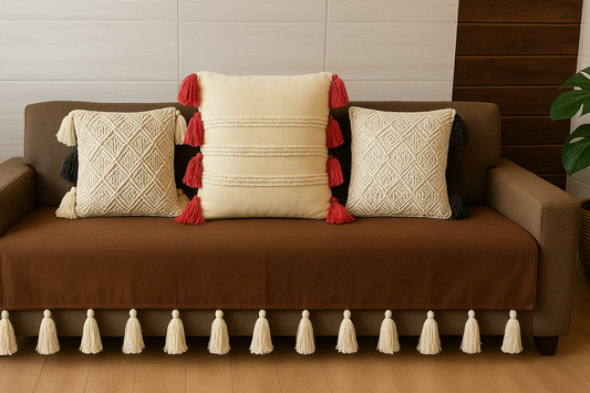 Coffee brown sofa cover with off white jumbo tassels tasse