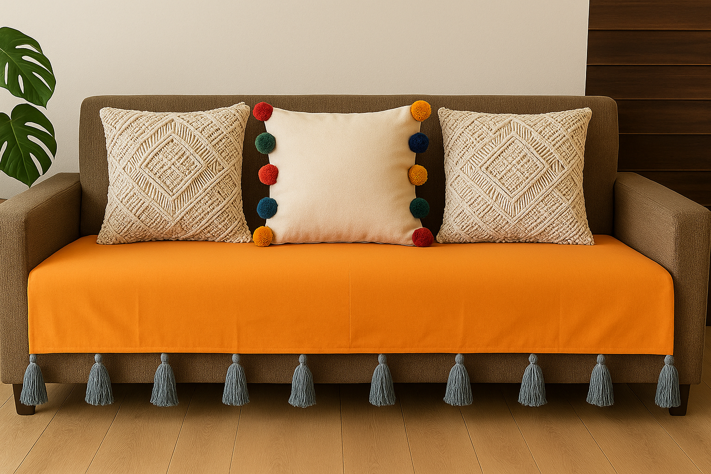 Mustard yellow sofa cover with grey jumbo tassels