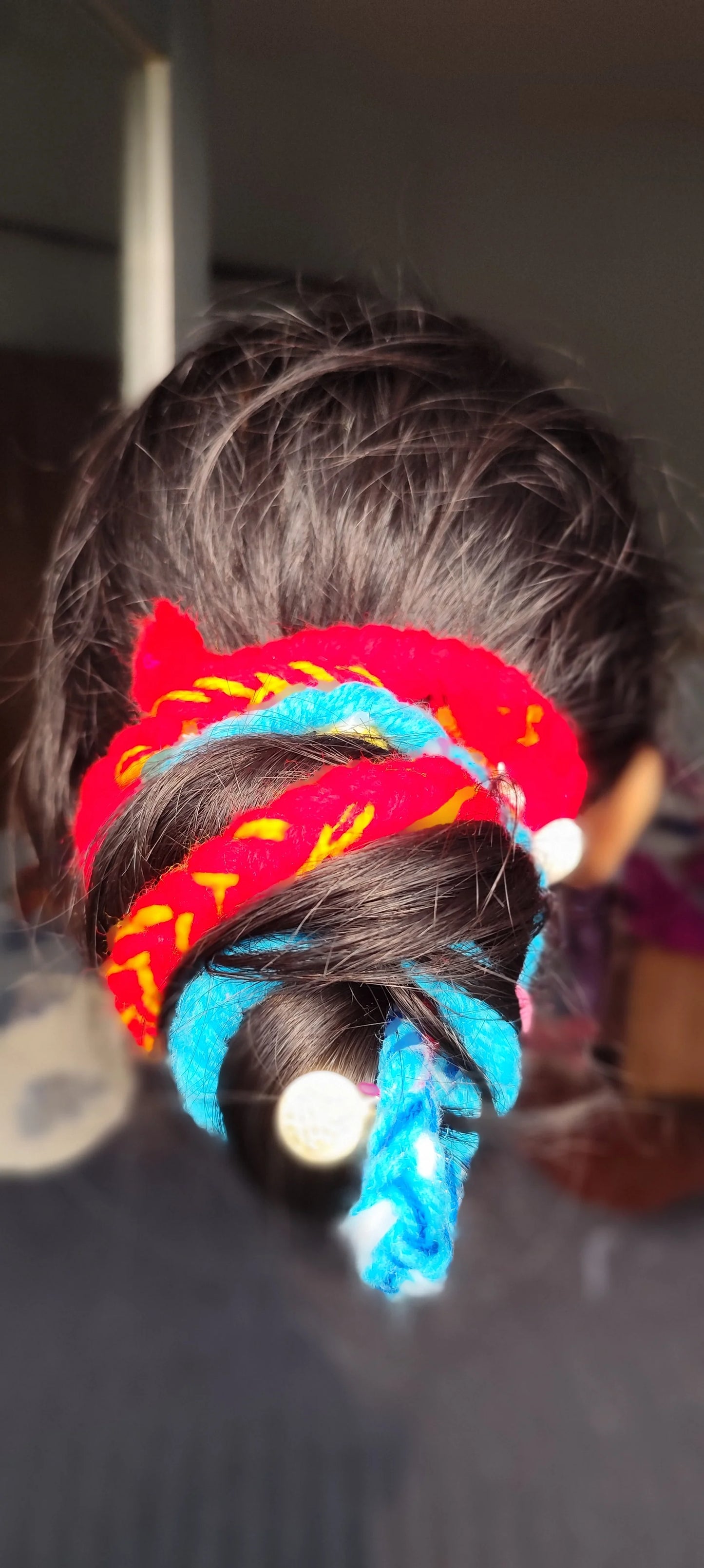 Red blue boho banjara parandi braid with chymes and kaudi