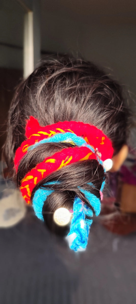 Red blue boho banjara parandi braid with chymes and kaudi