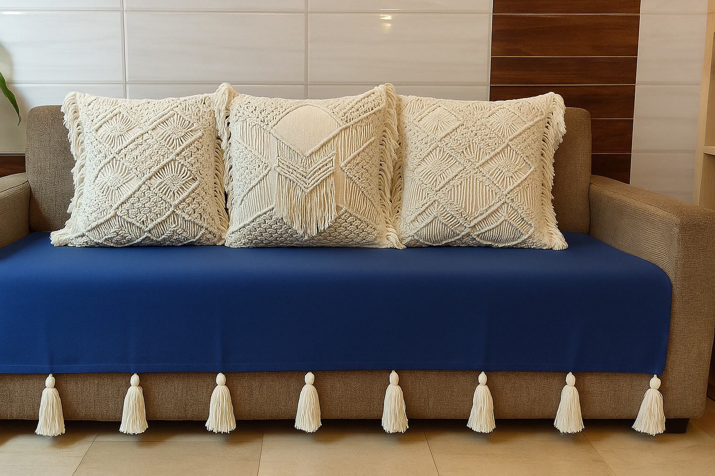 Royal Blue sofa cover with jumbo white tassels